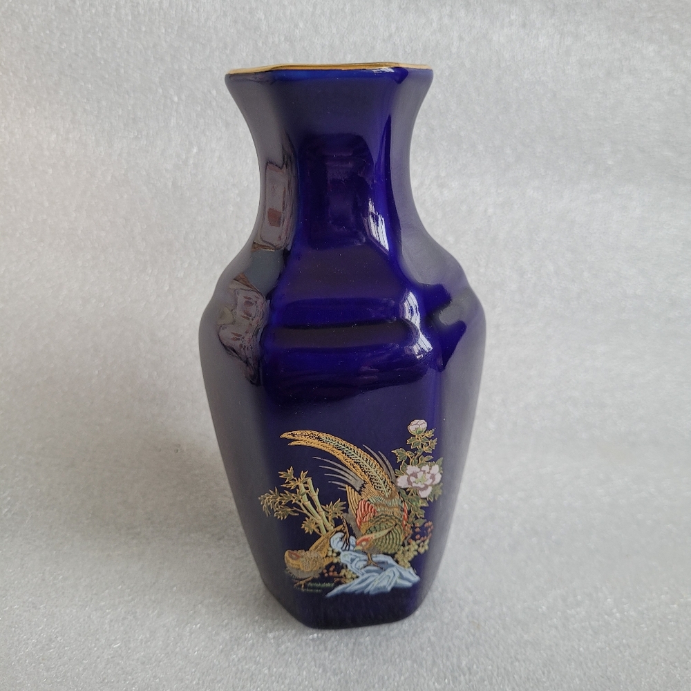 Vintage 70s Japan Cobalt Blue Ceramic Vase Pheasants